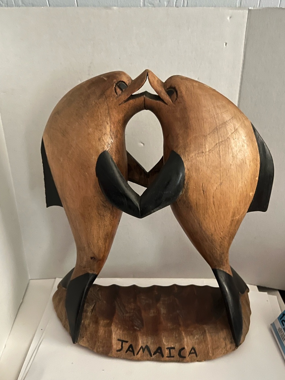 Handcarved Jamaica Wooden Dolphin Sculpture - Natural & Black 12x10x5